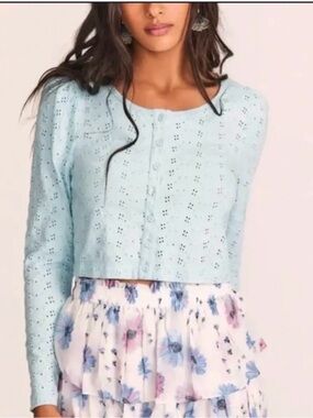 Love Shack Fancy Jonah Crop Cardigan XL Powder Blue Coquette Feminine Chic